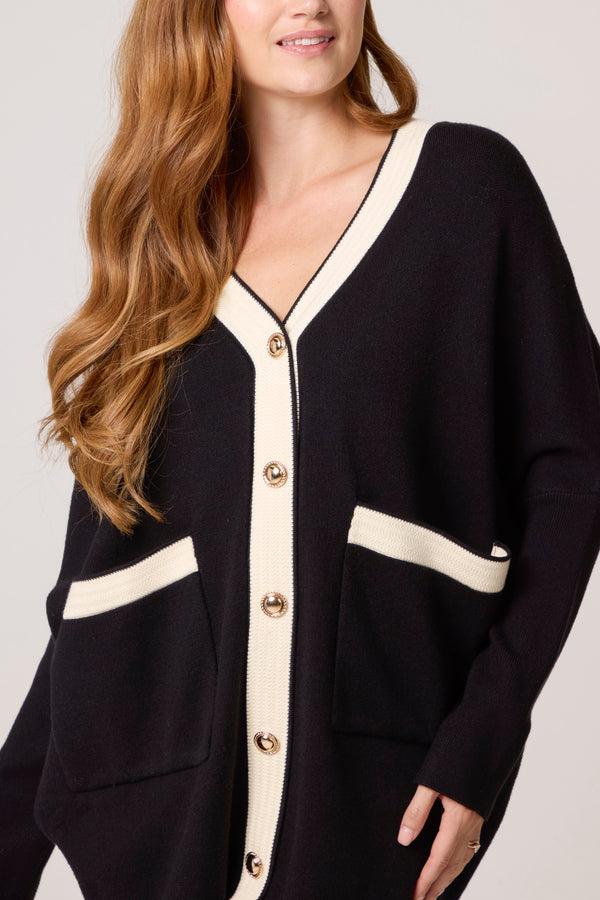 Qed London Contrast Gold Button Knit Cardigan