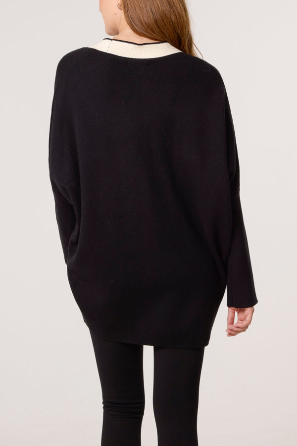 Qed London Contrast Gold Button Knit Cardigan