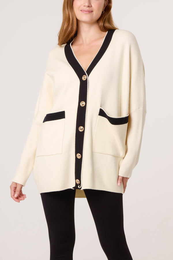 Qed London Contrast Gold Button Knit Cardigan