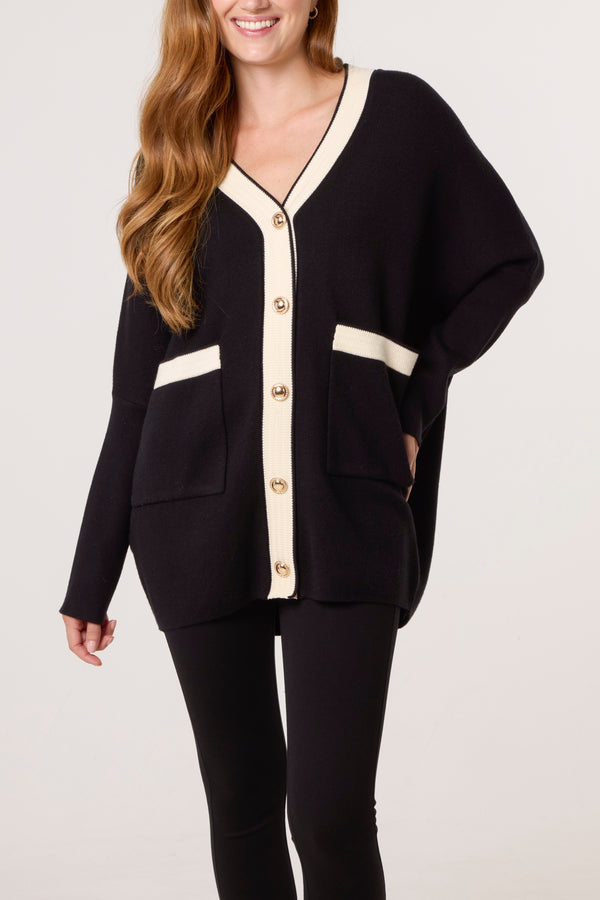 qed london Contrast Gold Button Knit Cardigan