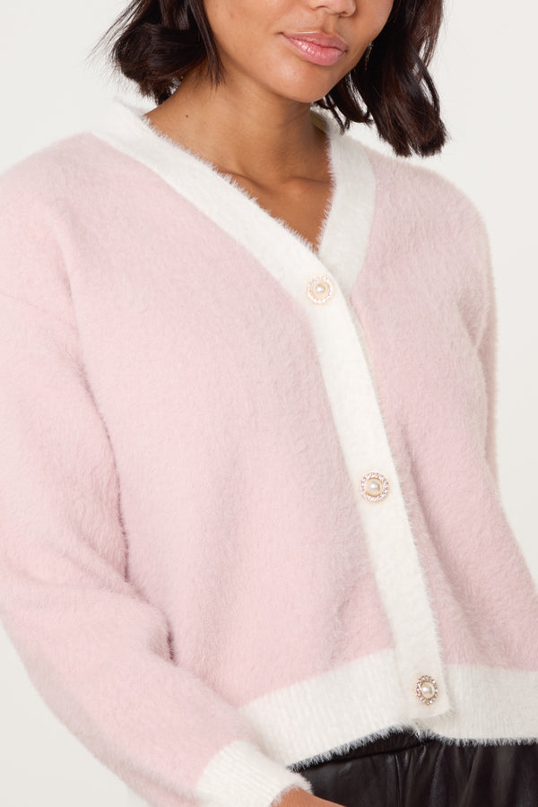 Qed London Contrast Pearl Button Knit Cardigan