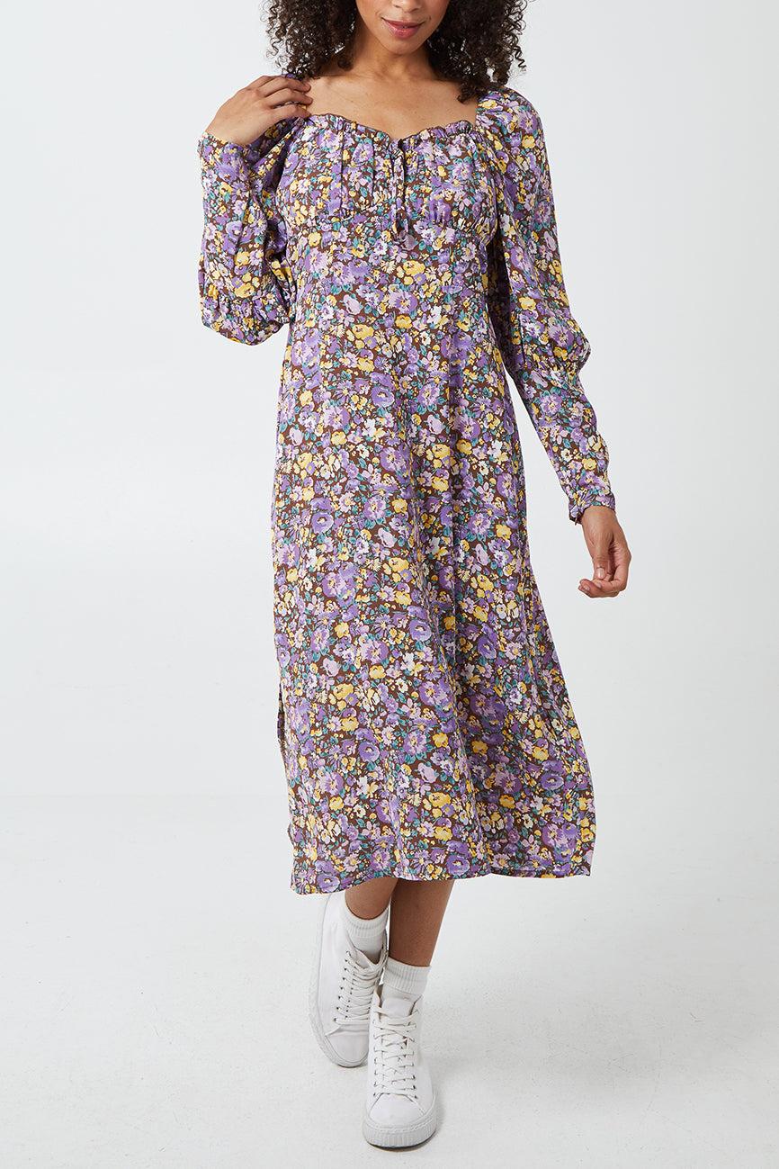 qed london Corset Front Floral Midi Dress