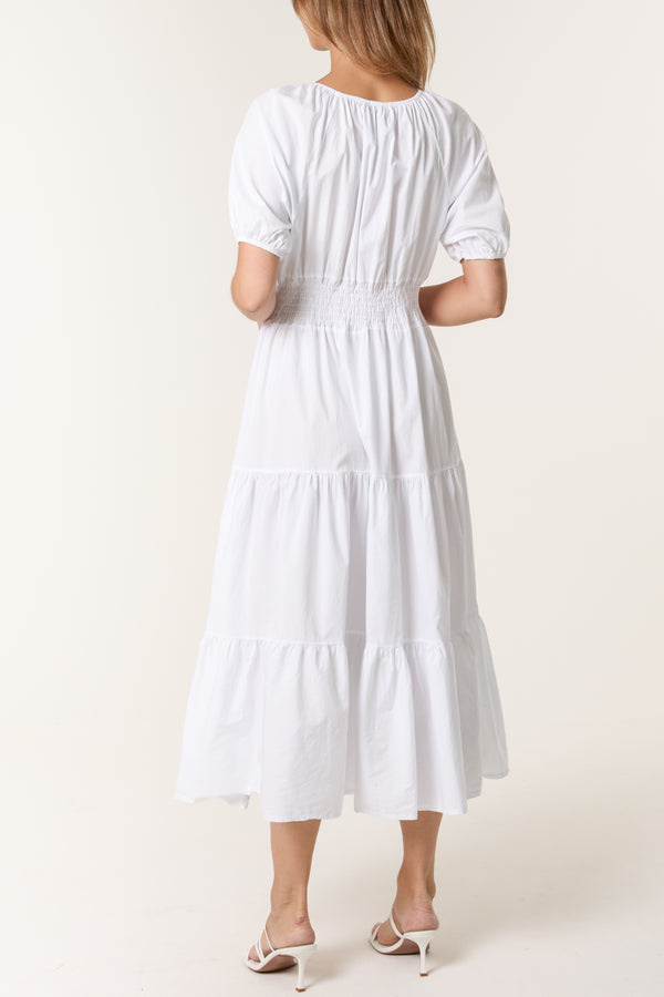 Qed London Cotton Puff Sleeve Shirred & Tiered Dress