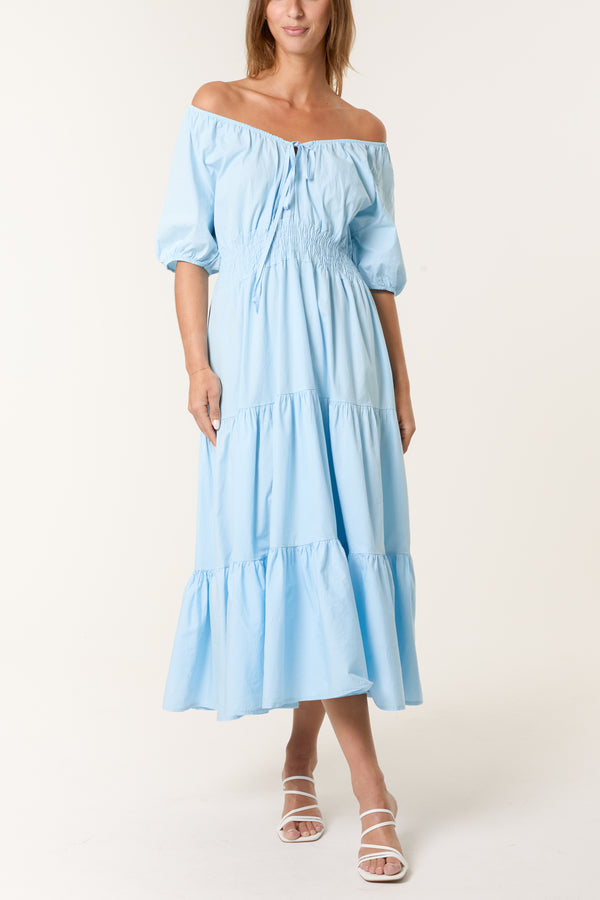 Qed London Cotton Puff Sleeve Shirred & Tiered Dress