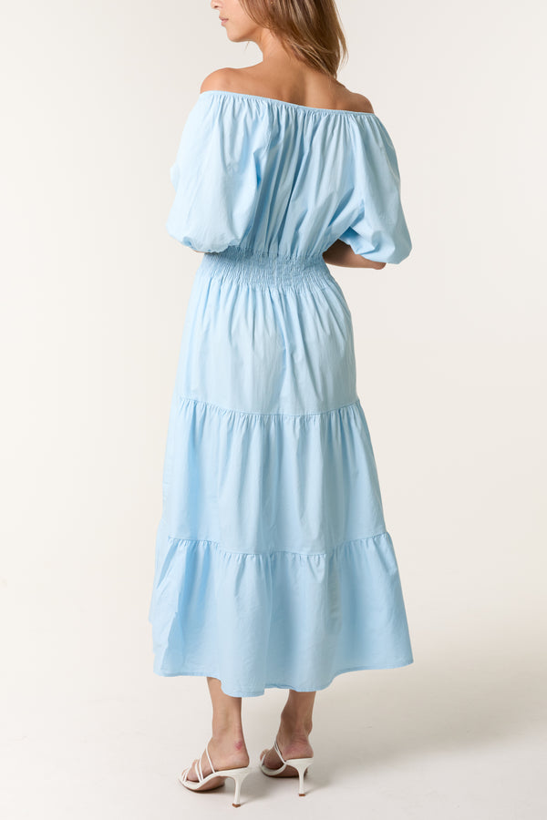 Qed London Cotton Puff Sleeve Shirred & Tiered Dress