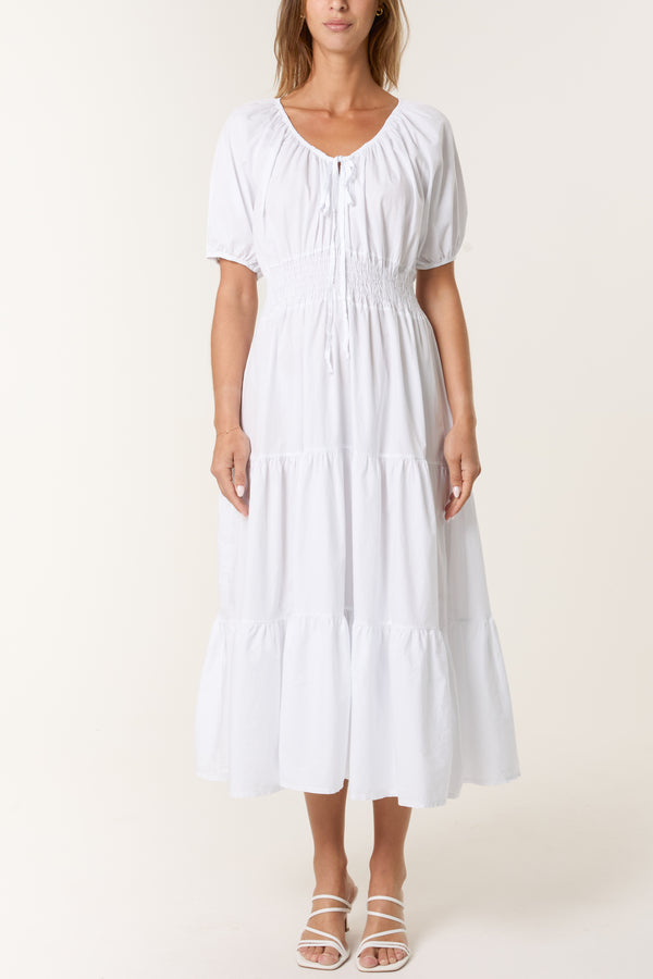 qed london Cotton Puff Sleeve Shirred & Tiered Dress