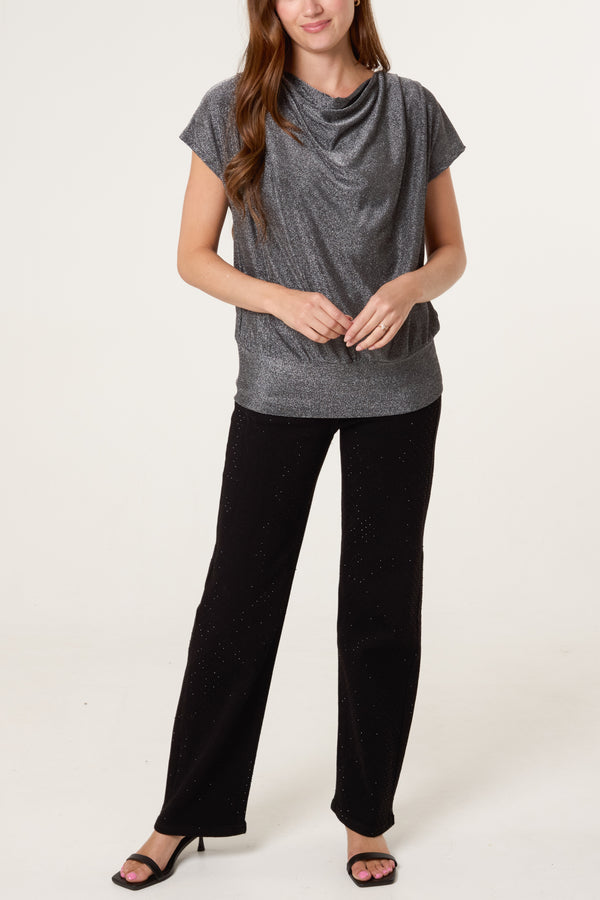 Qed London Cowl Neck Metallic Draped Top