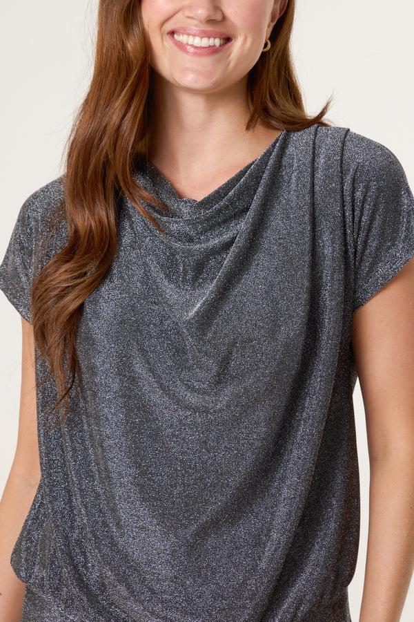 Qed London Cowl Neck Metallic Draped Top