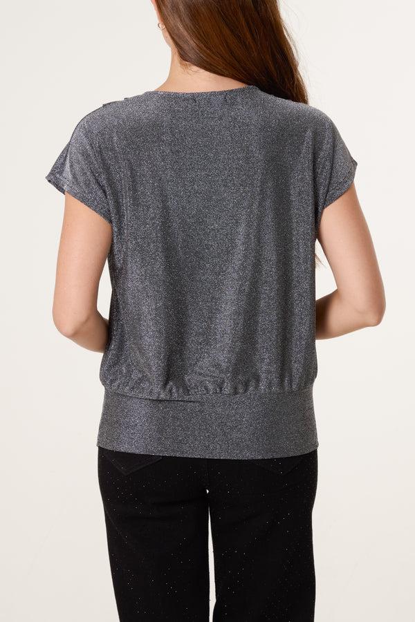 Qed London Cowl Neck Metallic Draped Top