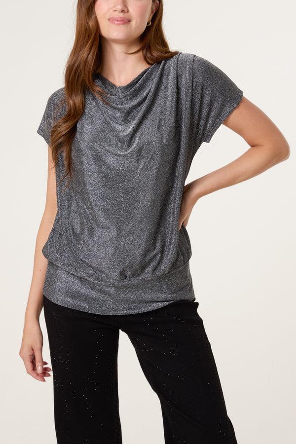 qed london Cowl Neck Metallic Draped Top