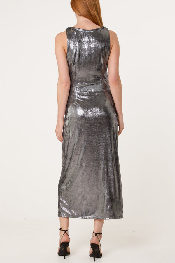 Qed London Cowl Neck Metallic Slinky Dress