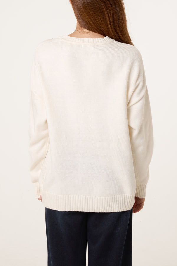 Qed London Cream Ribbed Edge Round Neck Jumper