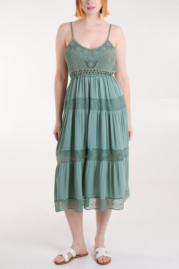 qed london Crochet Cami Tiered Midi Dress