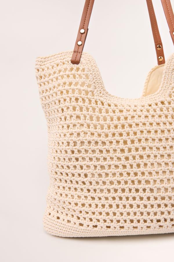 Qed London Crochet & Faux Leather Strap Tote Bag
