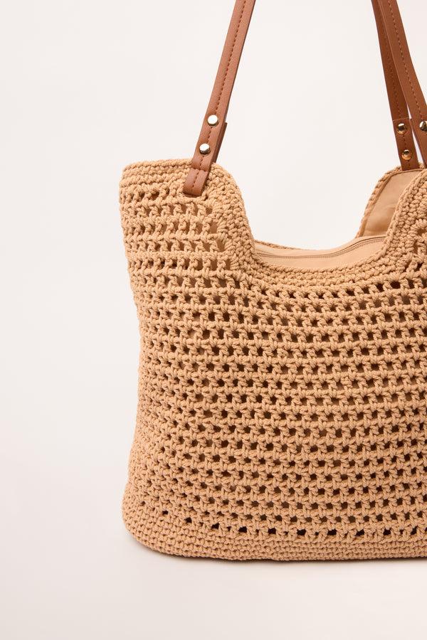 Qed London Crochet & Faux Leather Strap Tote Bag