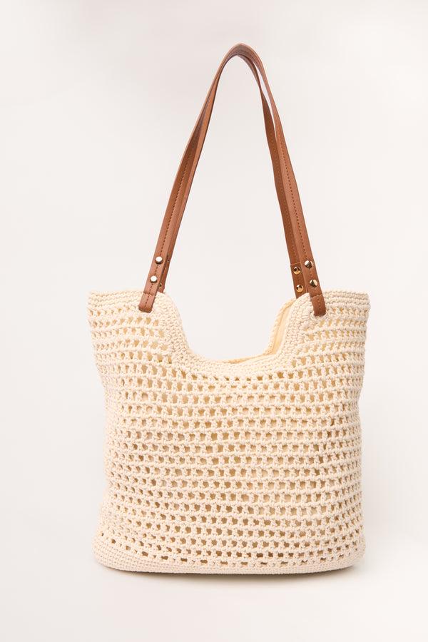 qed london Crochet & Faux Leather Strap Tote Bag