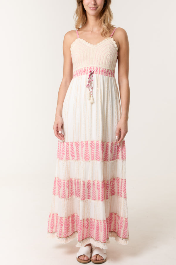 Qed London Crochet Lurex Tiered Maxi Dress