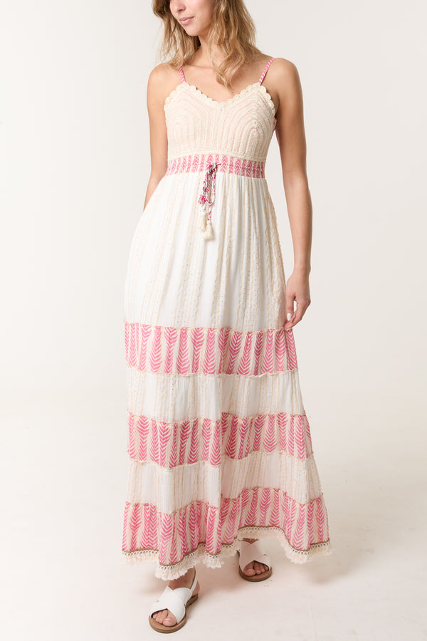 qed london Crochet Lurex Tiered Maxi Dress