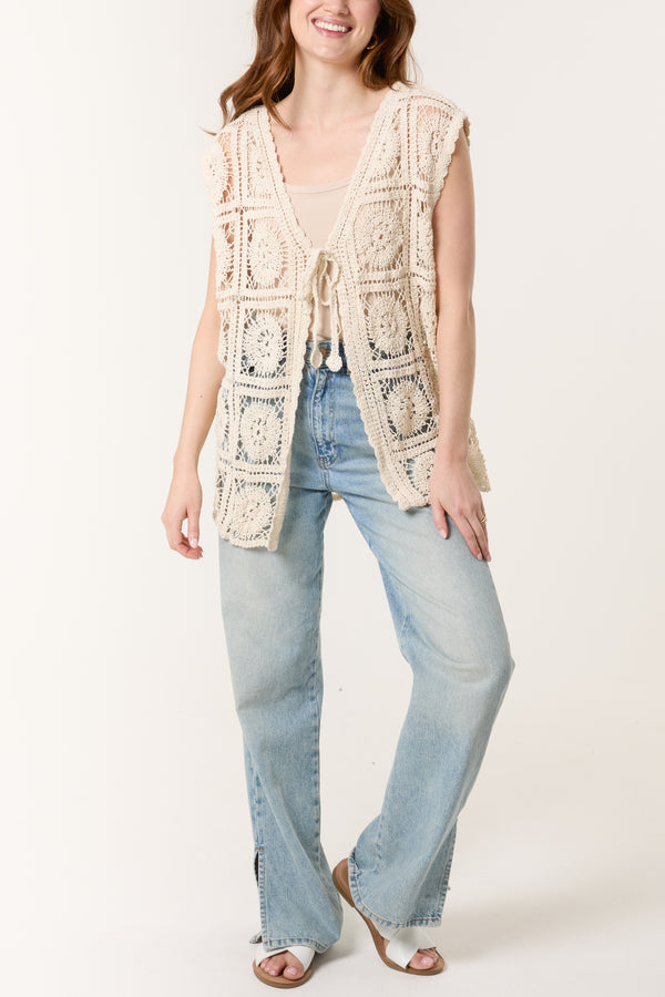 Qed London Crochet Square Pattern Tie-Front Vest