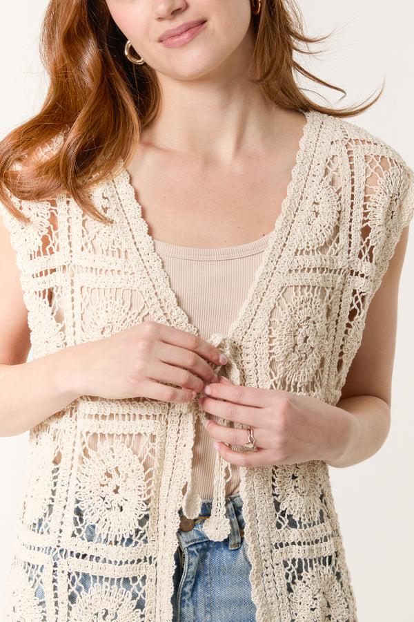 Qed London Crochet Square Pattern Tie-Front Vest