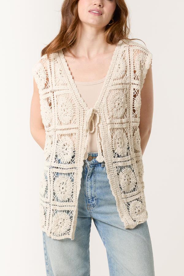 Qed London Crochet Square Pattern Tie-Front Vest