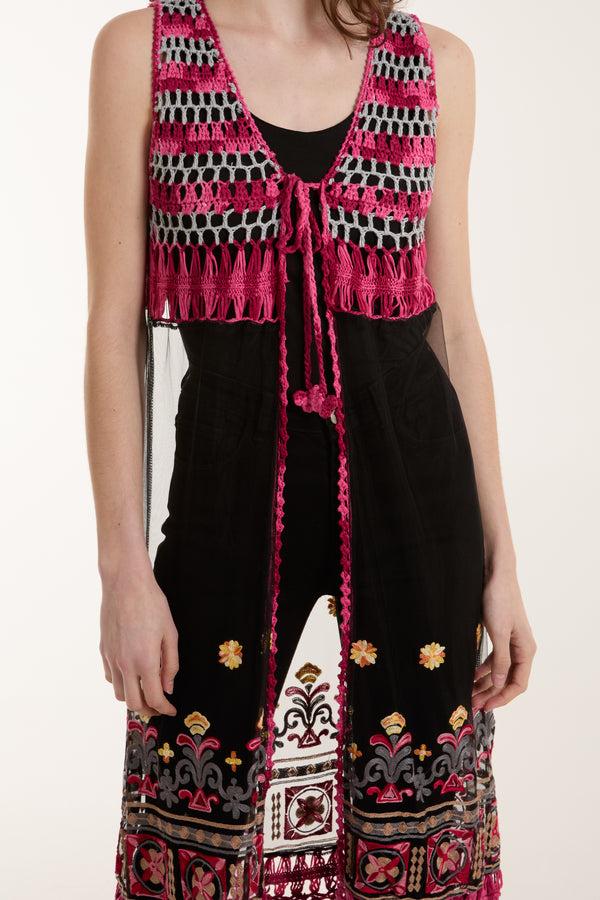 Qed London Crochet Tassel Longline Mesh Kimono