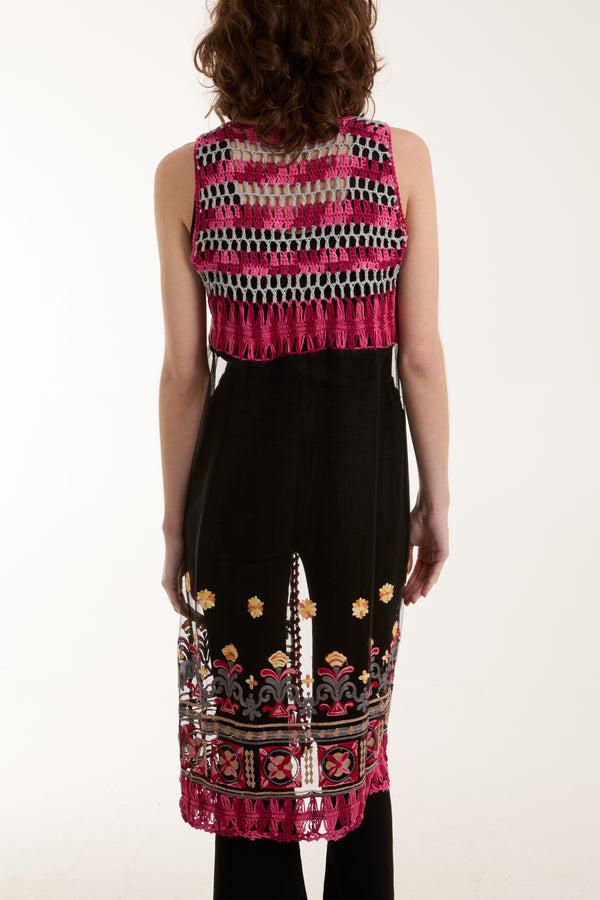 Qed London Crochet Tassel Longline Mesh Kimono