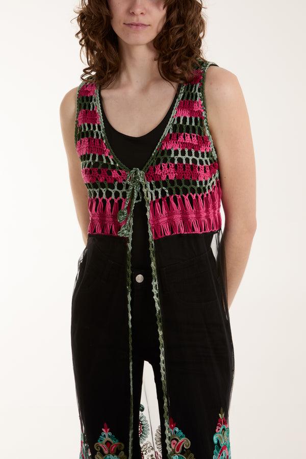 Qed London Crochet Tassel Longline Mesh Kimono