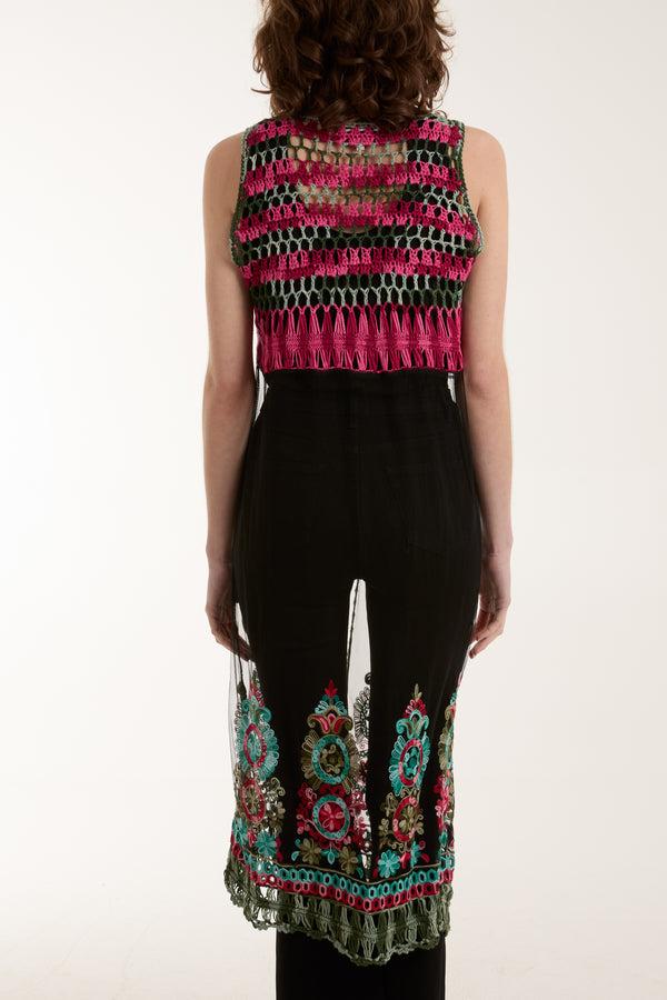 Qed London Crochet Tassel Longline Mesh Kimono