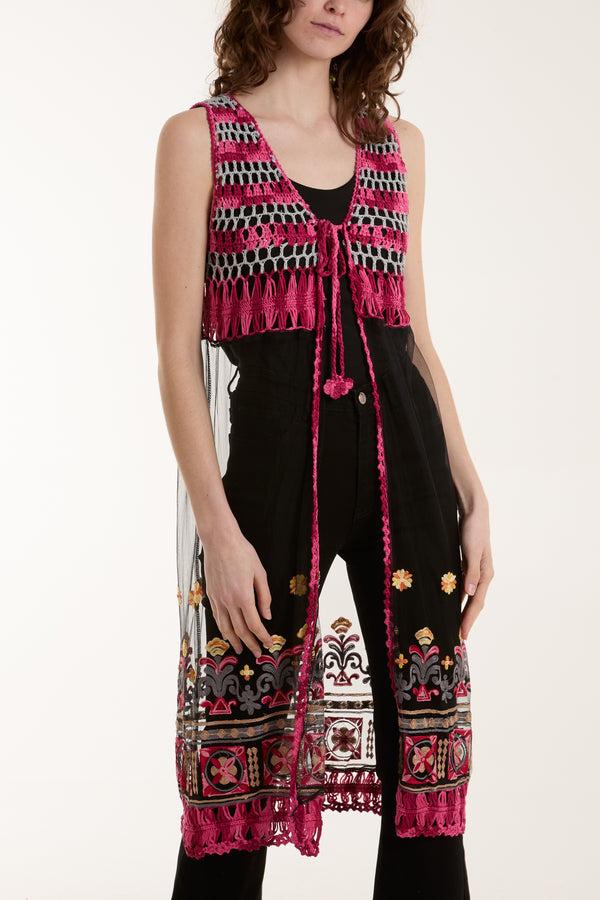 qed london Crochet Tassel Longline Mesh Kimono