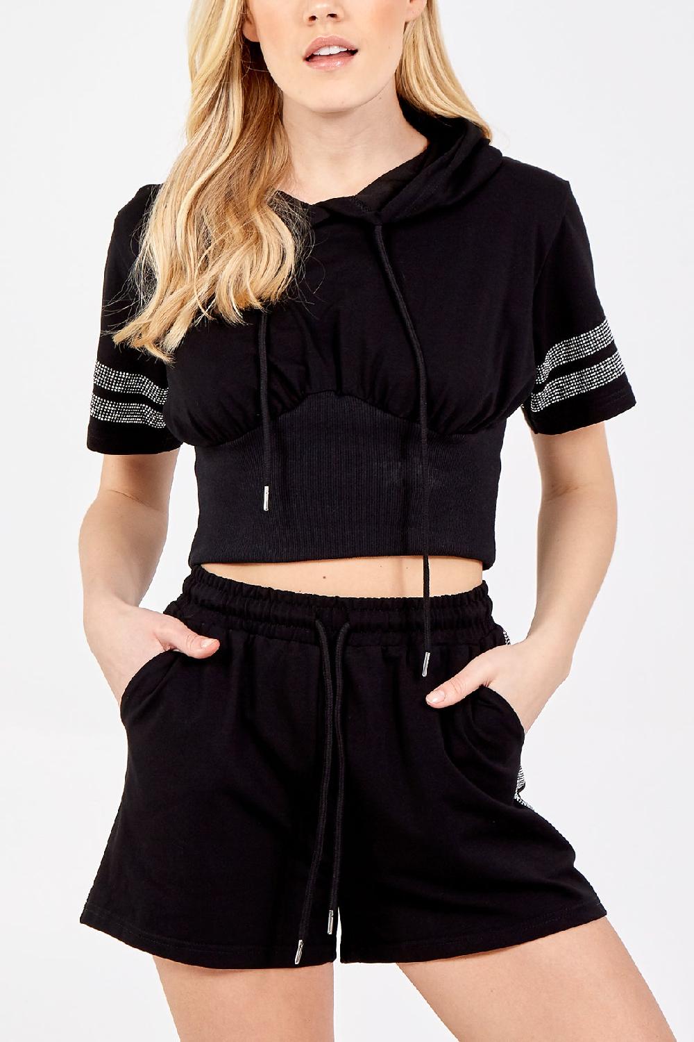 Qed London Crop Hoodie & Diamante Detail Shorts