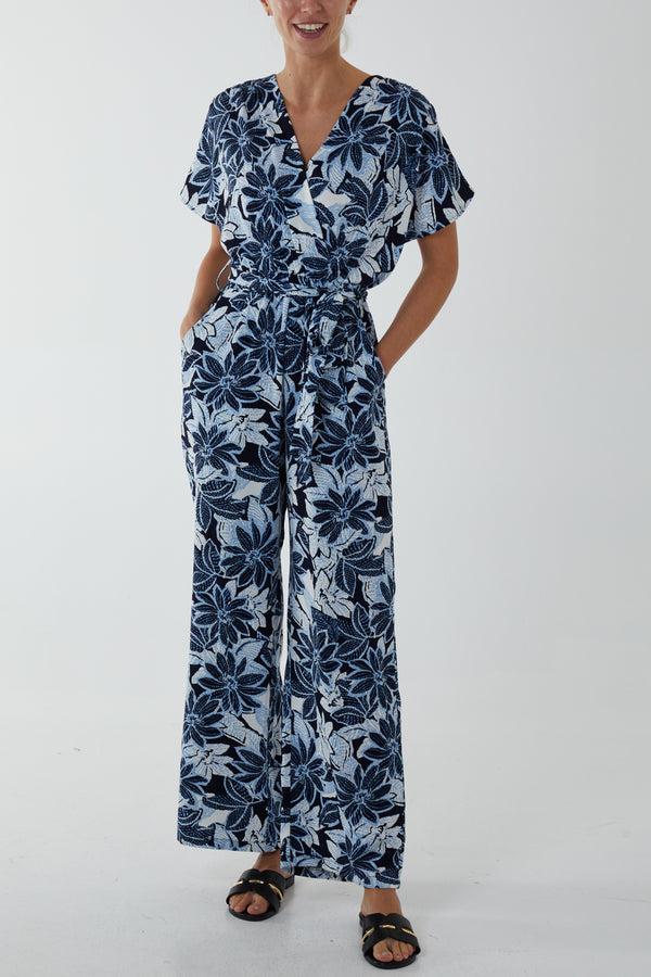 qed london Crossover Short Sleeve Floral Jumpsuit