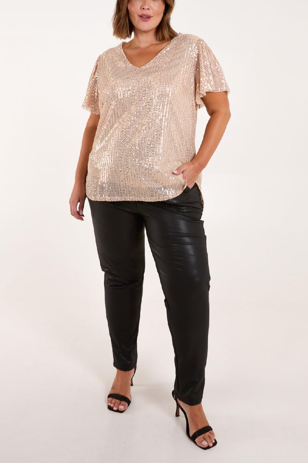 Qed London Curve Angel Sleeve V-Neck Sequin Top
