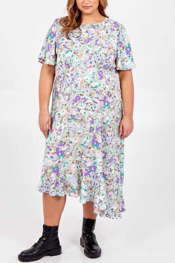 qed london Curve Asymmetric Hem Floral Midi Dress