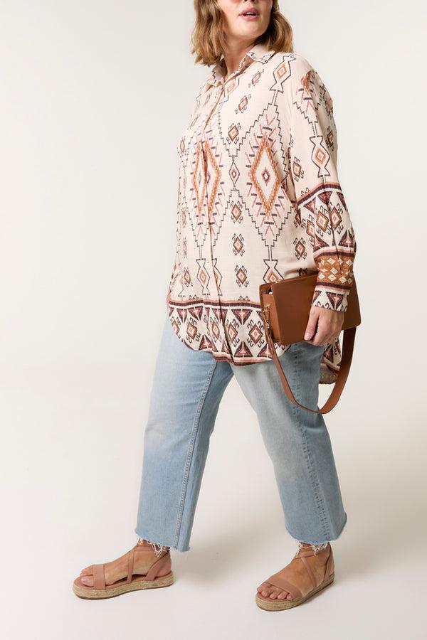 Qed London Curve Aztec Print Long Sleeve Shirt