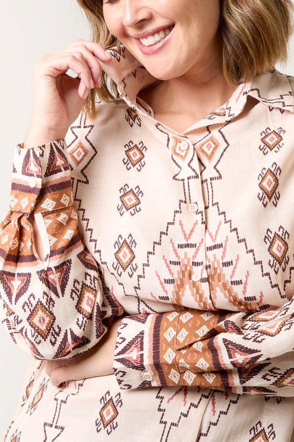 Qed London Curve Aztec Print Long Sleeve Shirt