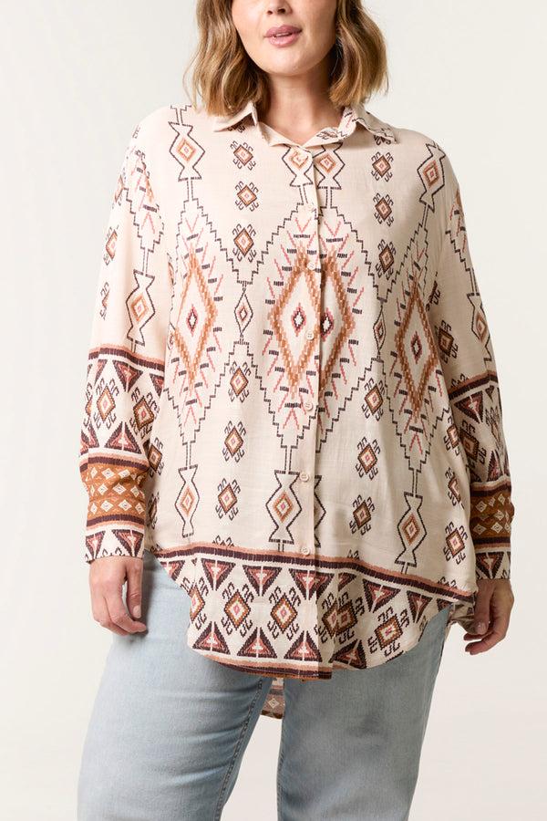 qed london Curve Aztec Print Long Sleeve Shirt