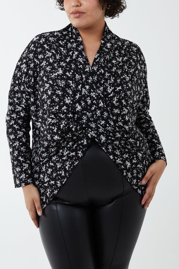 qed london Curve Ditsy Floral Drape Dip Hem Top