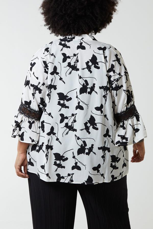 Qed London Curve Floral Kimono Lace Trim Sleeves