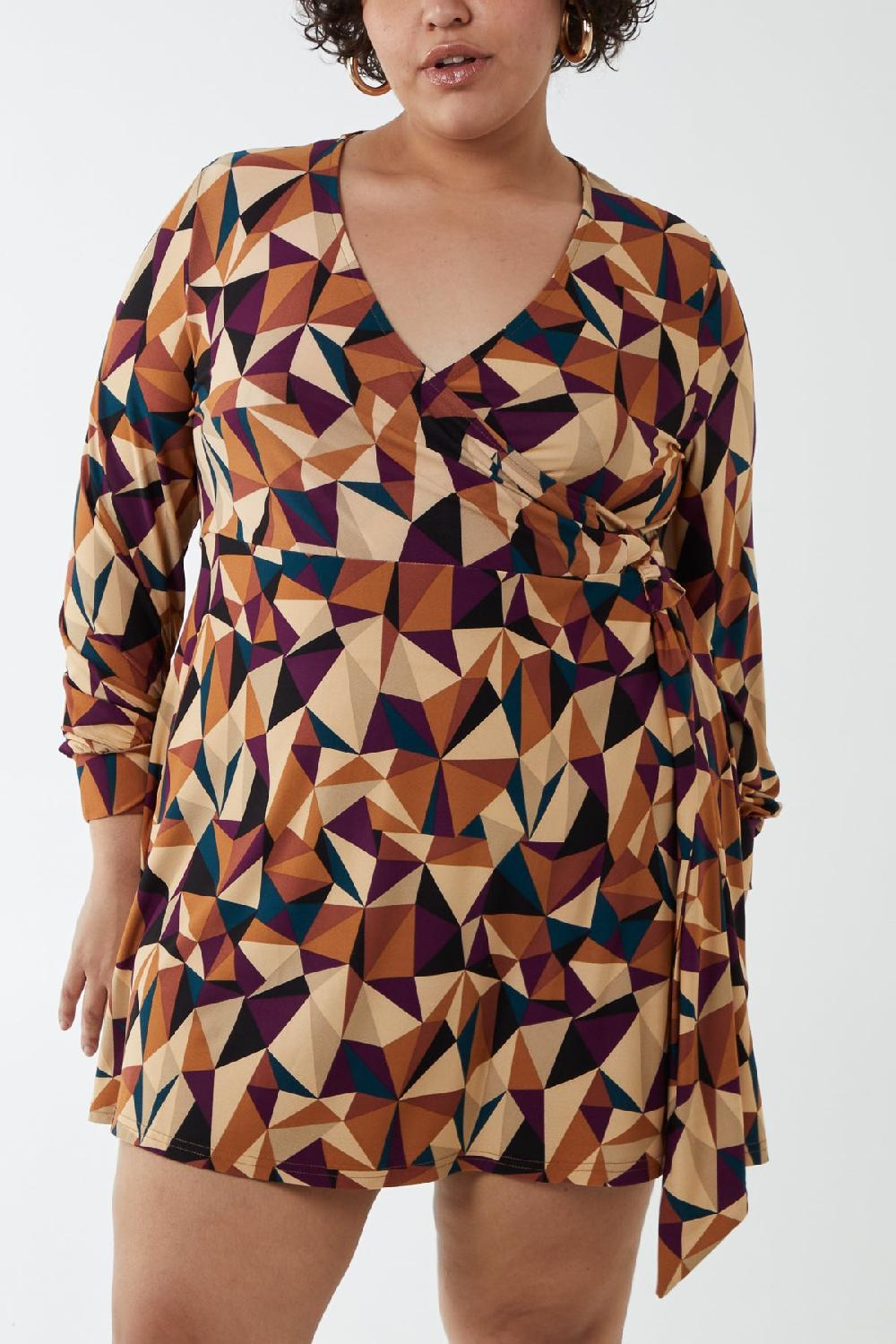 Qed London Curve Geometric Fixed Wrap Skater Dress