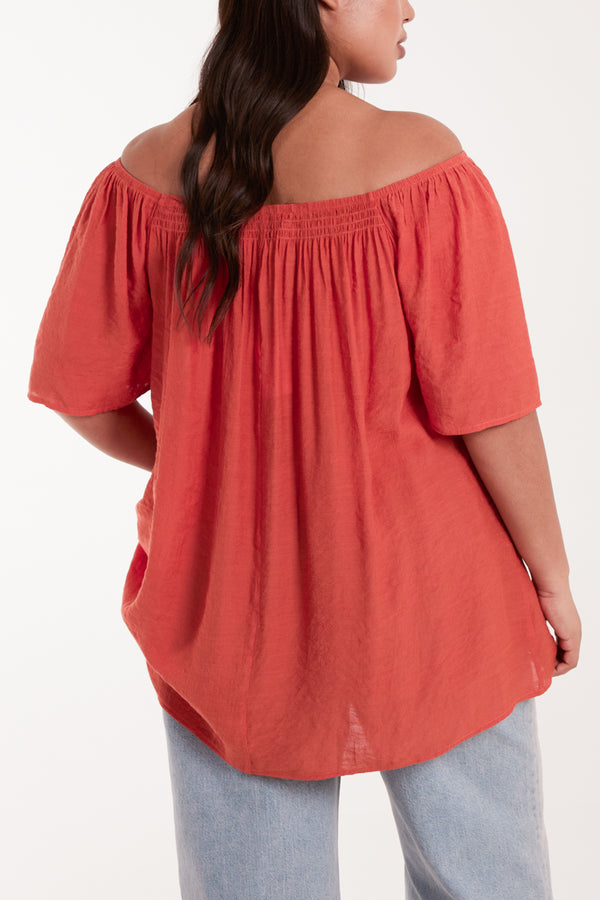 Qed London Curve Shirred Front Bardot Swing Top