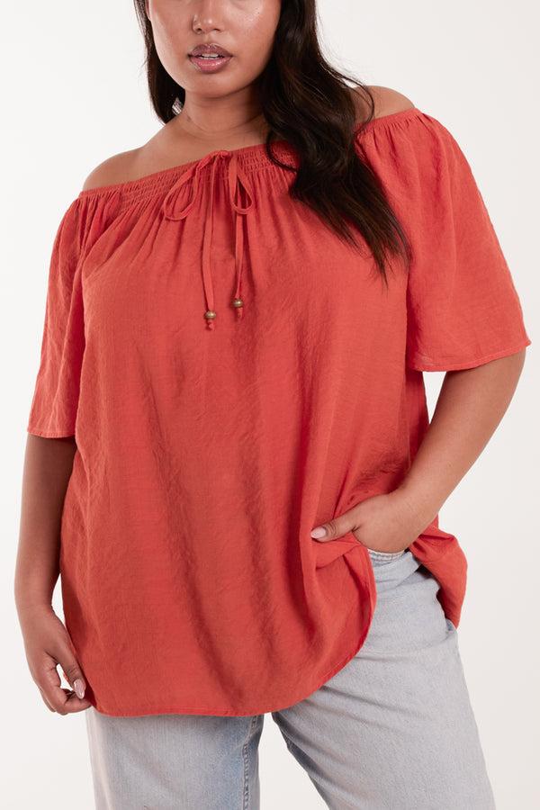 qed london Curve Shirred Front Bardot Swing Top