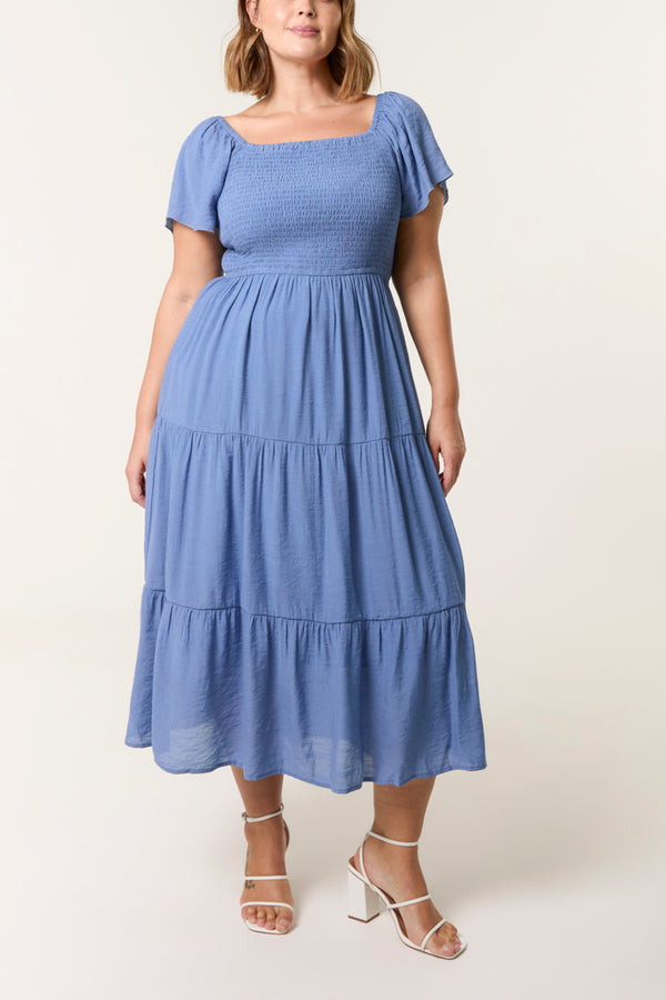 qed london Curve Shirred & Tiered Midi Dress