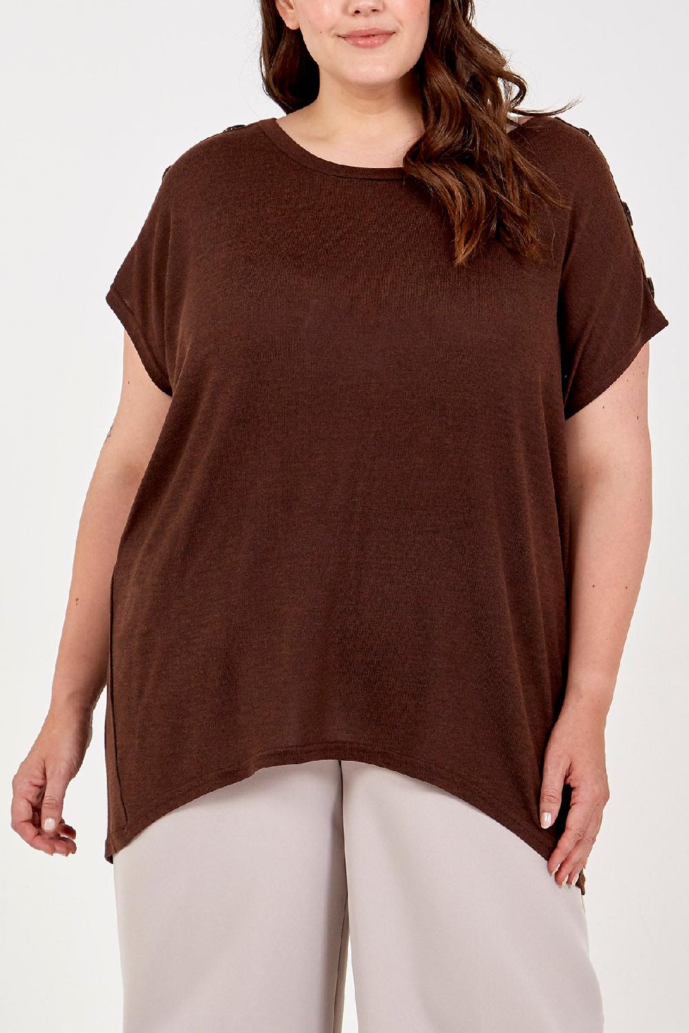 Qed London Curve Short Sleeve Button Shoulder Top