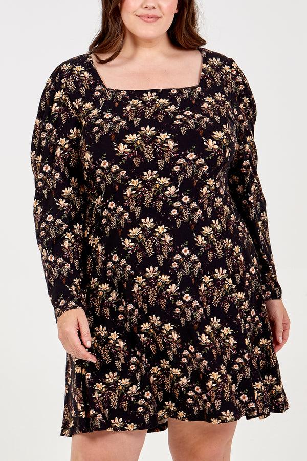 qed london Curve Square Neck Floral Mini Dress