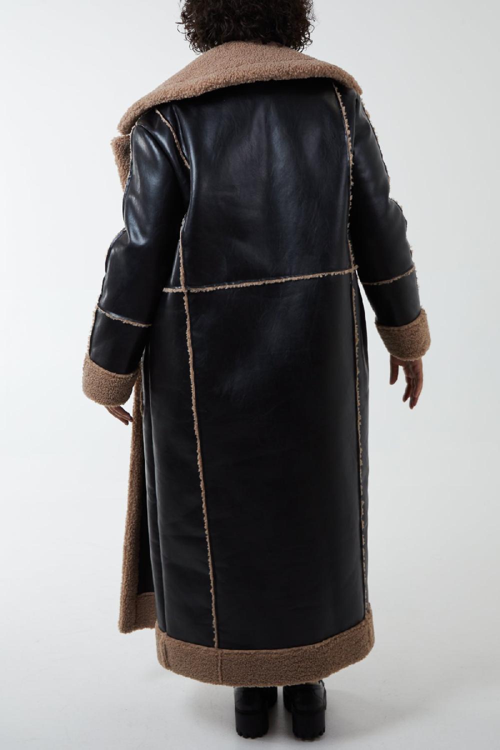 Qed London Curve Vinyl Longline Coat With Borg