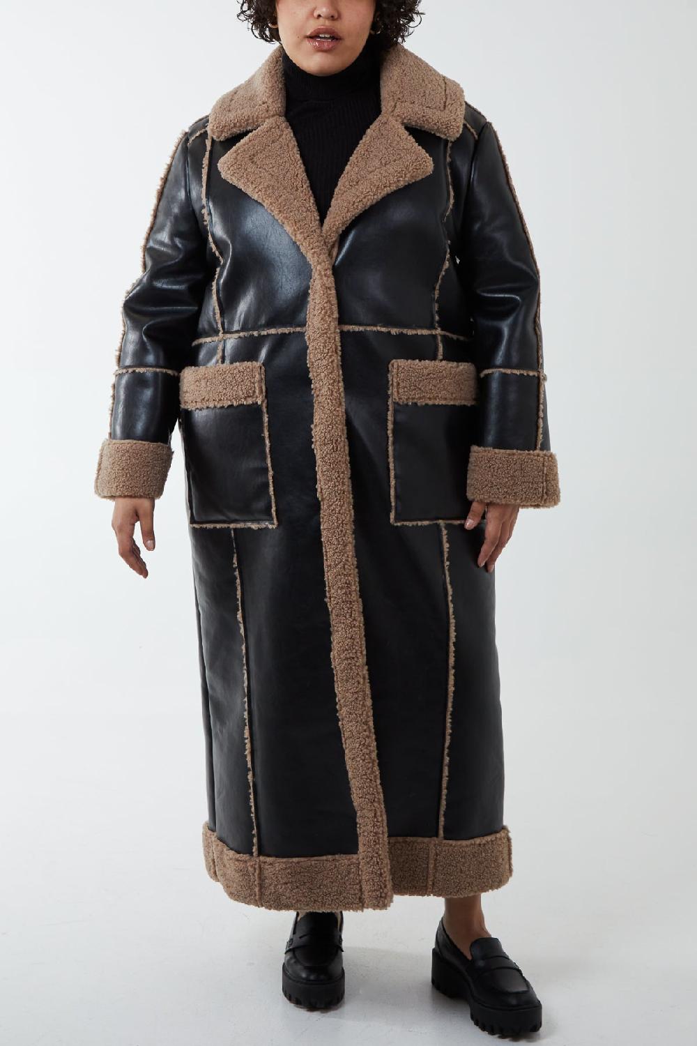 Qed London Curve Vinyl Longline Coat With Borg