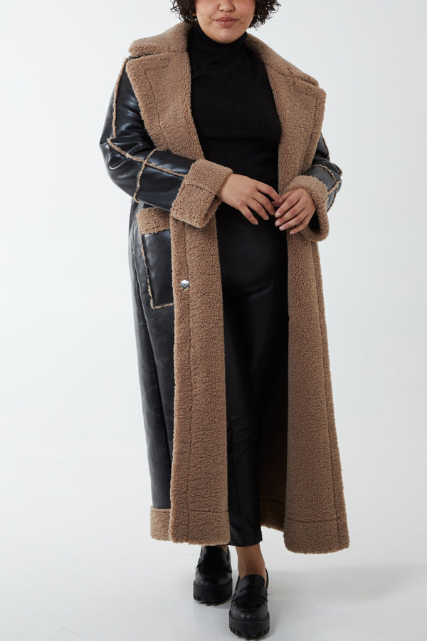 qed london Curve Vinyl Longline Coat With Borg