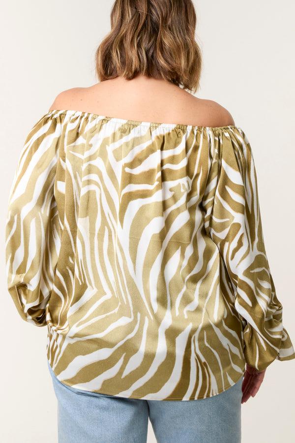 Qed London Curve Zebra Satin Ruched Bardot Top
