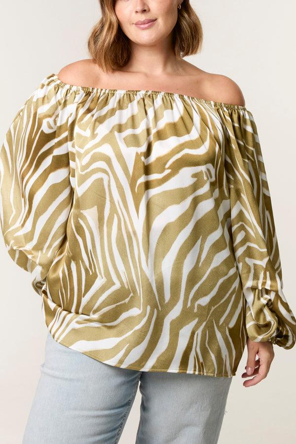 qed london Curve Zebra Satin Ruched Bardot Top